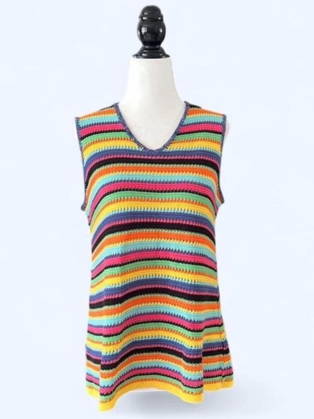 Multicolor Striped Crochet V-Neck Sleeveless Top Whimsy Handmade Sweater Vest